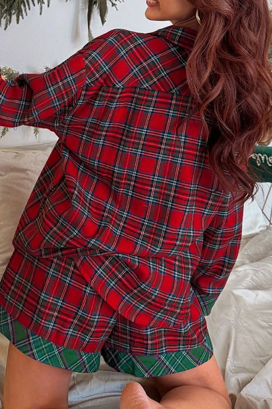 Plaid Contrast Patched Christmas Holiday Long Sleeve Shirt and Short 2pcs Pajama Set - Tigbul's Variety Fashion Shop