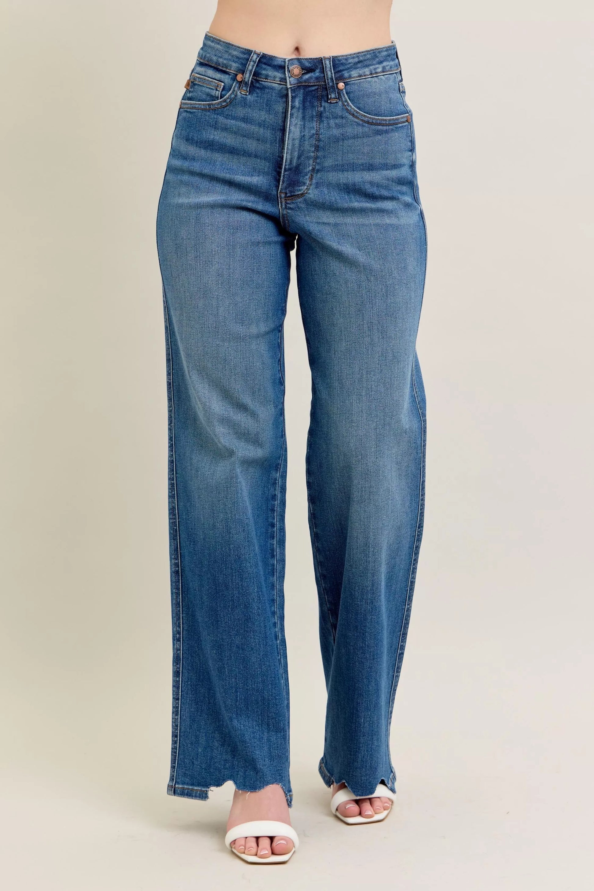 Judy Blue Full Size High Waist Tummy Control Chew Hem Destroy Wide Jeans Plus Size - Tigbul's Variety Fashion Shop
