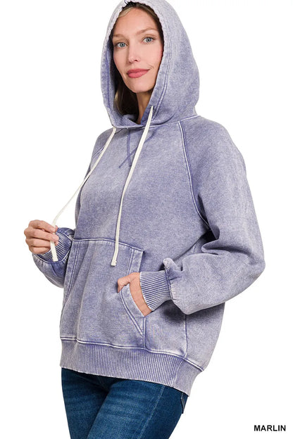 Zenana Acid Wash Fleece Hoodie with Kangaroo Pocket - Tigbul's Variety Fashion Shop