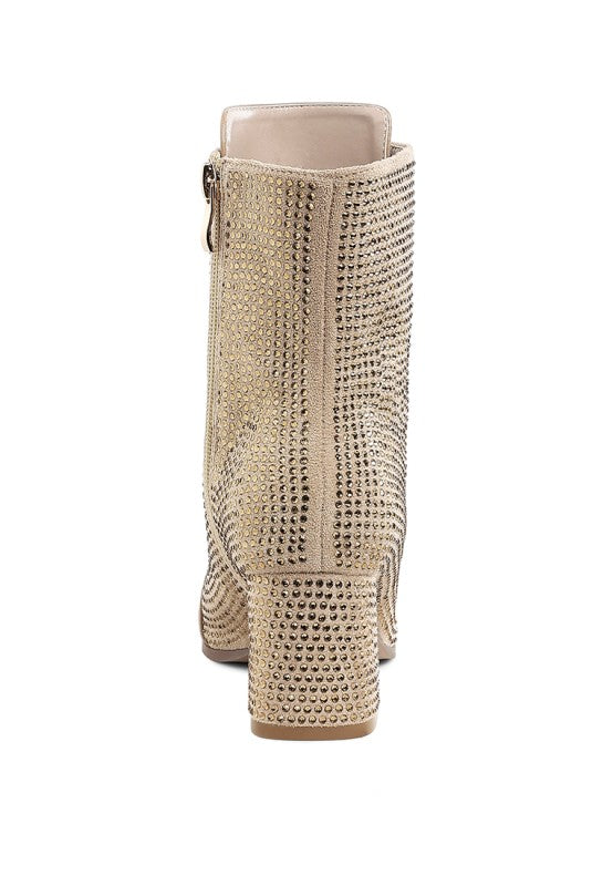 Beige rhinestone ankle boots back view with heel and side zipper detail