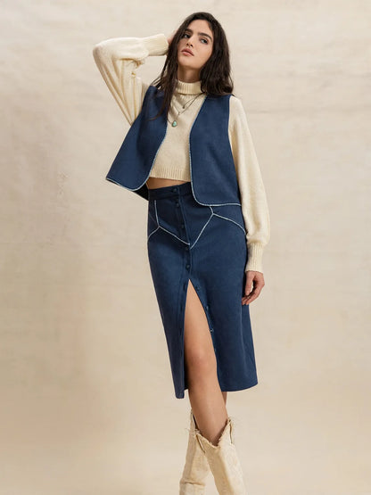 Open Front Vest and Buttoned Skirt Set - Tigbul's Variety Fashion Shop