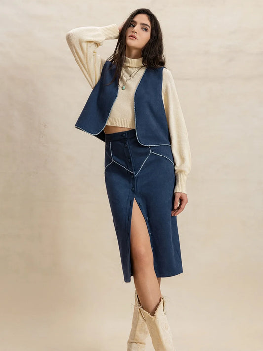 Open Front Vest and Buttoned Skirt Set - Tigbul's Variety Fashion Shop
