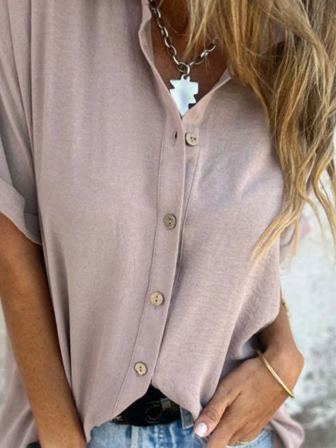 Full Size Collared Neck Half Sleeve Shirt - Tigbul's Variety Fashion Shop