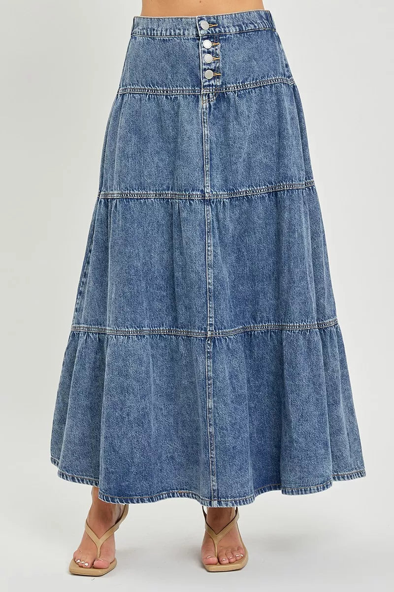 High-rise denim maxi skirt with tiered ruffle panels and button front, medium blue