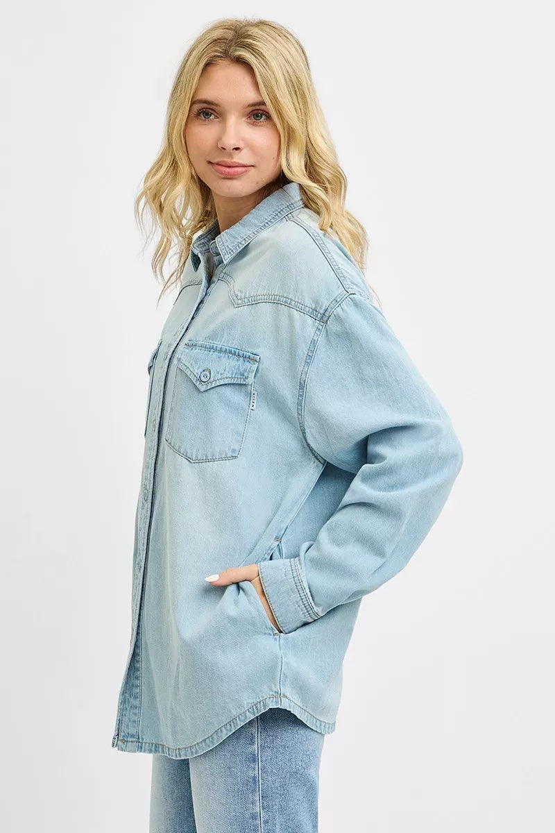 Light blue denim western yoke shirt, chest flap pockets, long sleeves