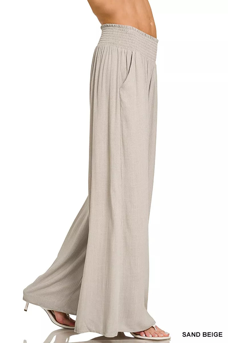 Wide-leg lounge pants, sand beige, relaxed fit with pooling hem