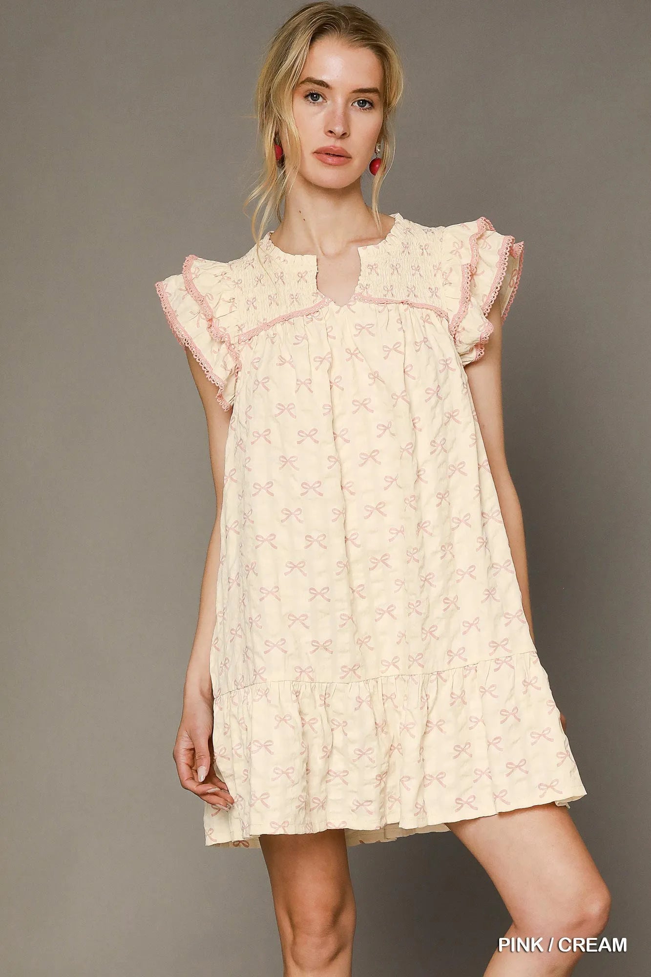 Umgee Bow Print Ruffled Cap Sleeve Mini Dress - Tigbul's Variety Fashion Shop