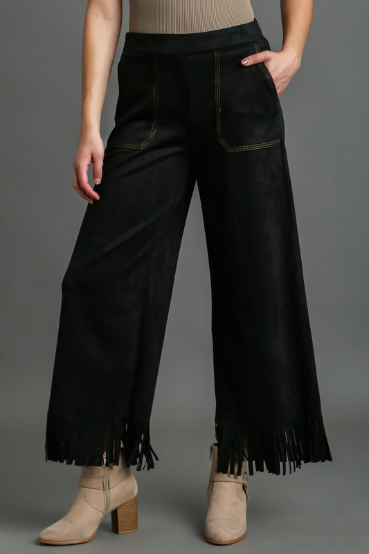 Umgee Full Size Suede Fringe Hem Wide Leg Pants Plus Size - Tigbul's Variety Fashion Shop