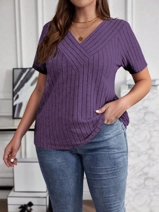 Plus Size V-Neck Short Sleeve Ribbed T-Shirt - Tigbul's Variety Fashion Shop