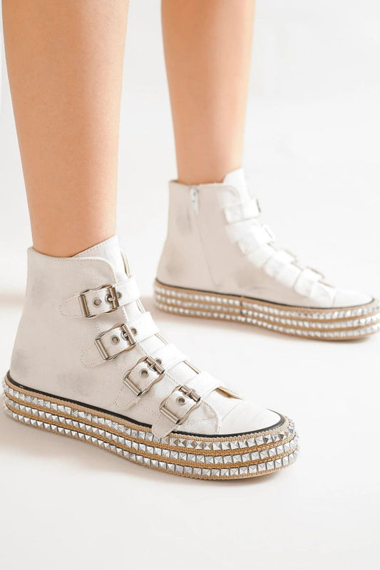 White Multi-Buckle Straps Studded Platform Sneakers - Tigbul's Variety Fashion Shop