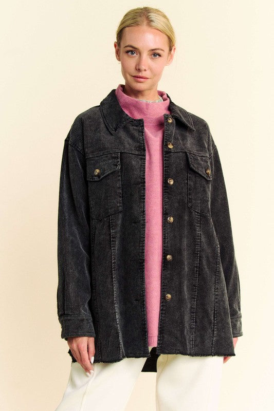 Black Washed Look Corduroy Raw Hem Button Up Jacket - Tigbul's Variety Fashion Shop