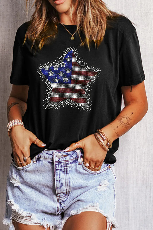 Star Round Neck Short Sleeve Black T-Shirt - Tigbul's Variety Fashion Shop