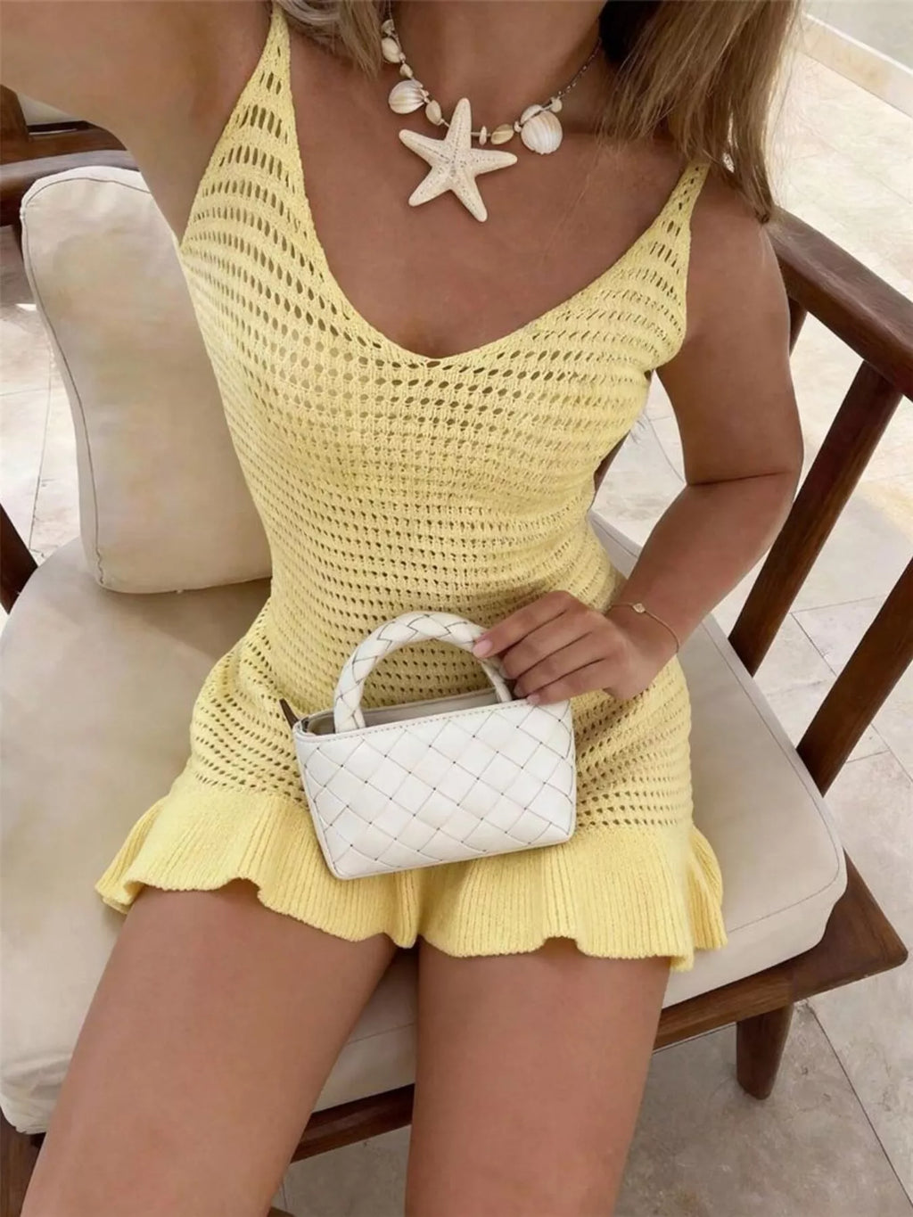V-Neck Crochet Knit Sweater Mini Summer Dress - Tigbul's Variety Fashion Shop