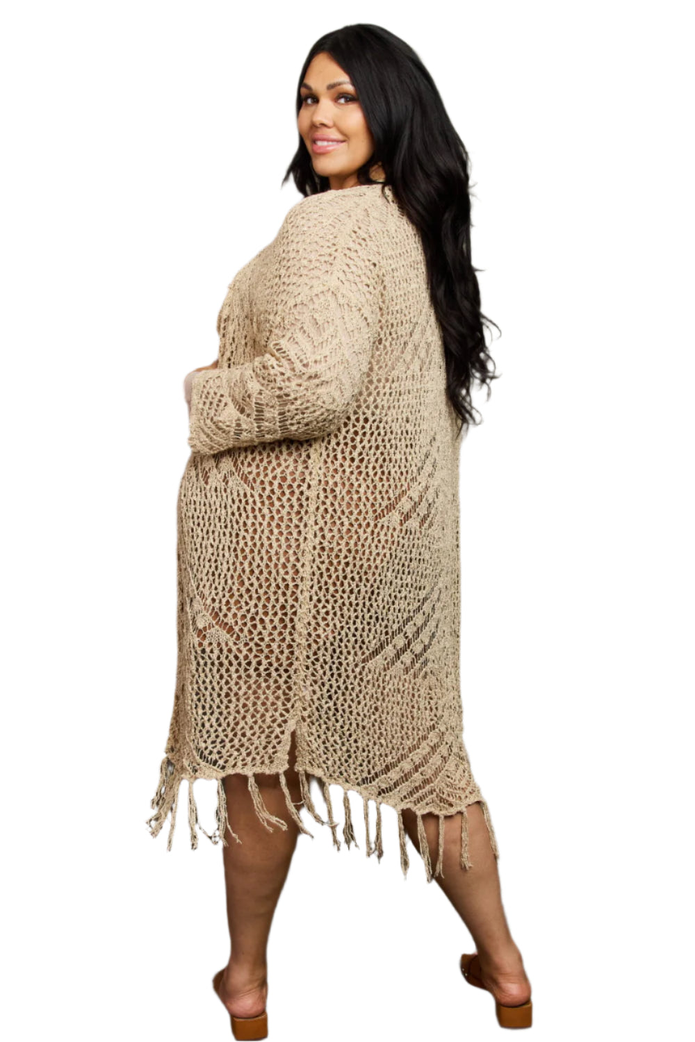 Tan Boho Plus Size 1XL Western Knit Fringe Cardigan | Tigbuls