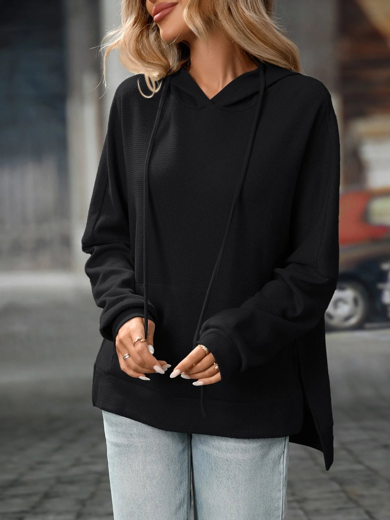 Textured Drawstring Long Sleeve Hoodie - Tigbul's Variety Fashion Shop