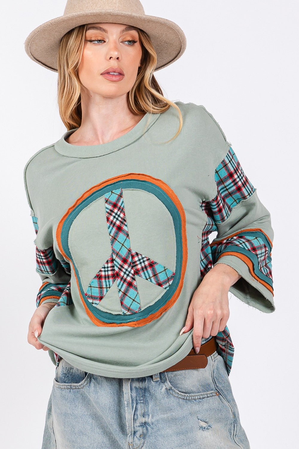 SAGE + FIG Peace Applique Patch Contrast Plaid Top - Tigbul's Variety Fashion Shop