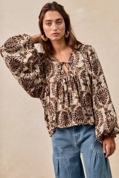 BiBi Printed Woven Front Tied Blouse with Baloon Sleeve - Tigbul's Variety Fashion Shop