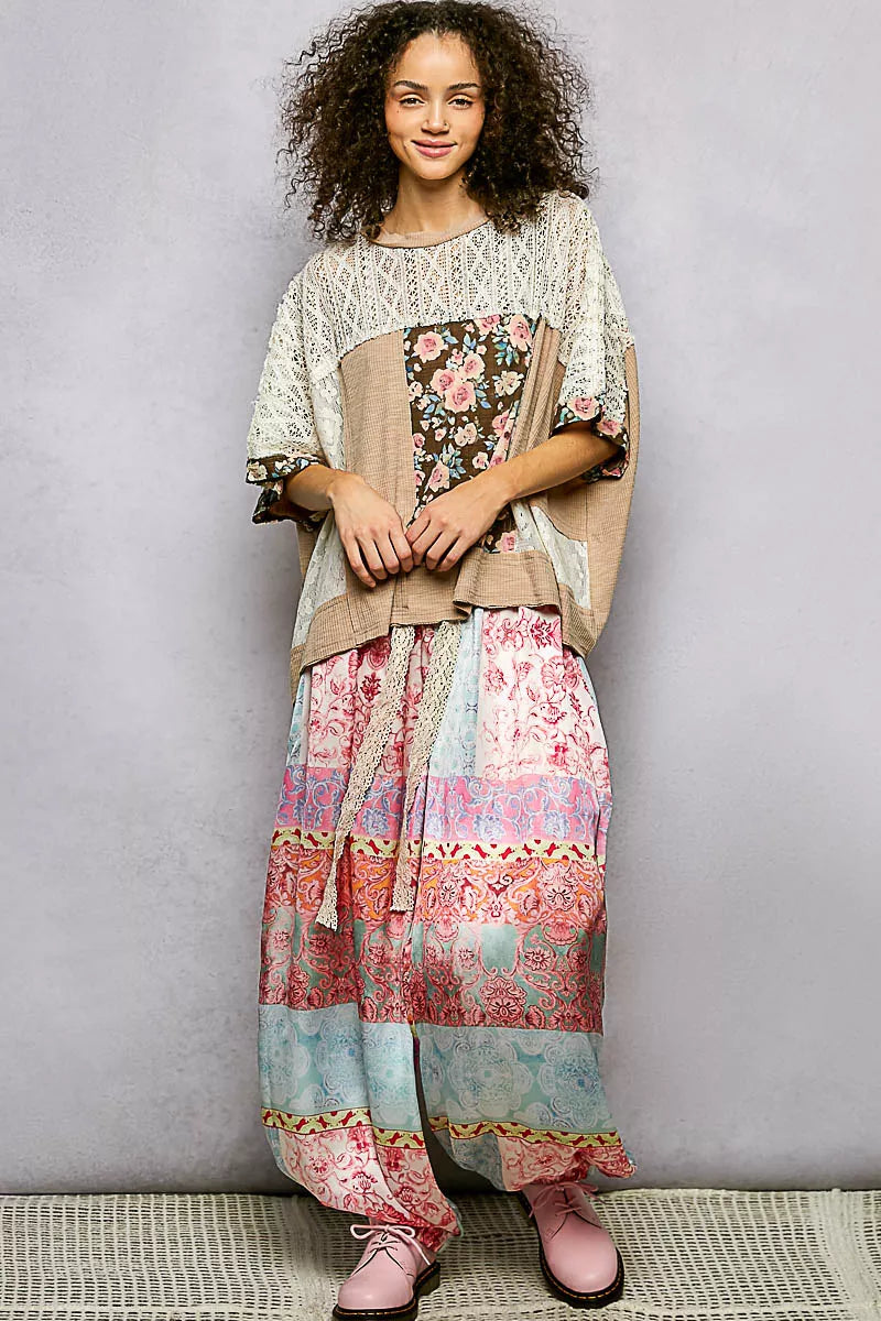 POL Floral Patchwork Lace Accent Blouse - Tigbul's Variety Fashion Shop