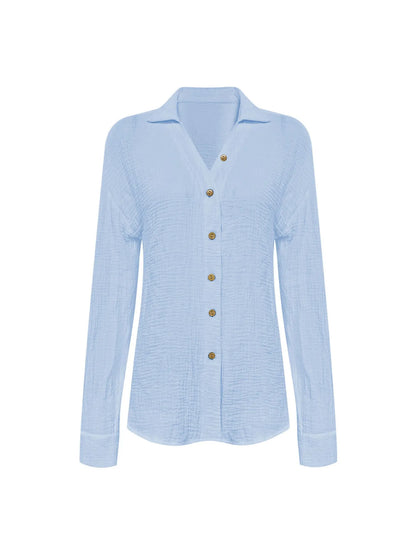 Texture Button Down Side Slit Long Sleeve Shirt - Tigbul's Variety Fashion Shop