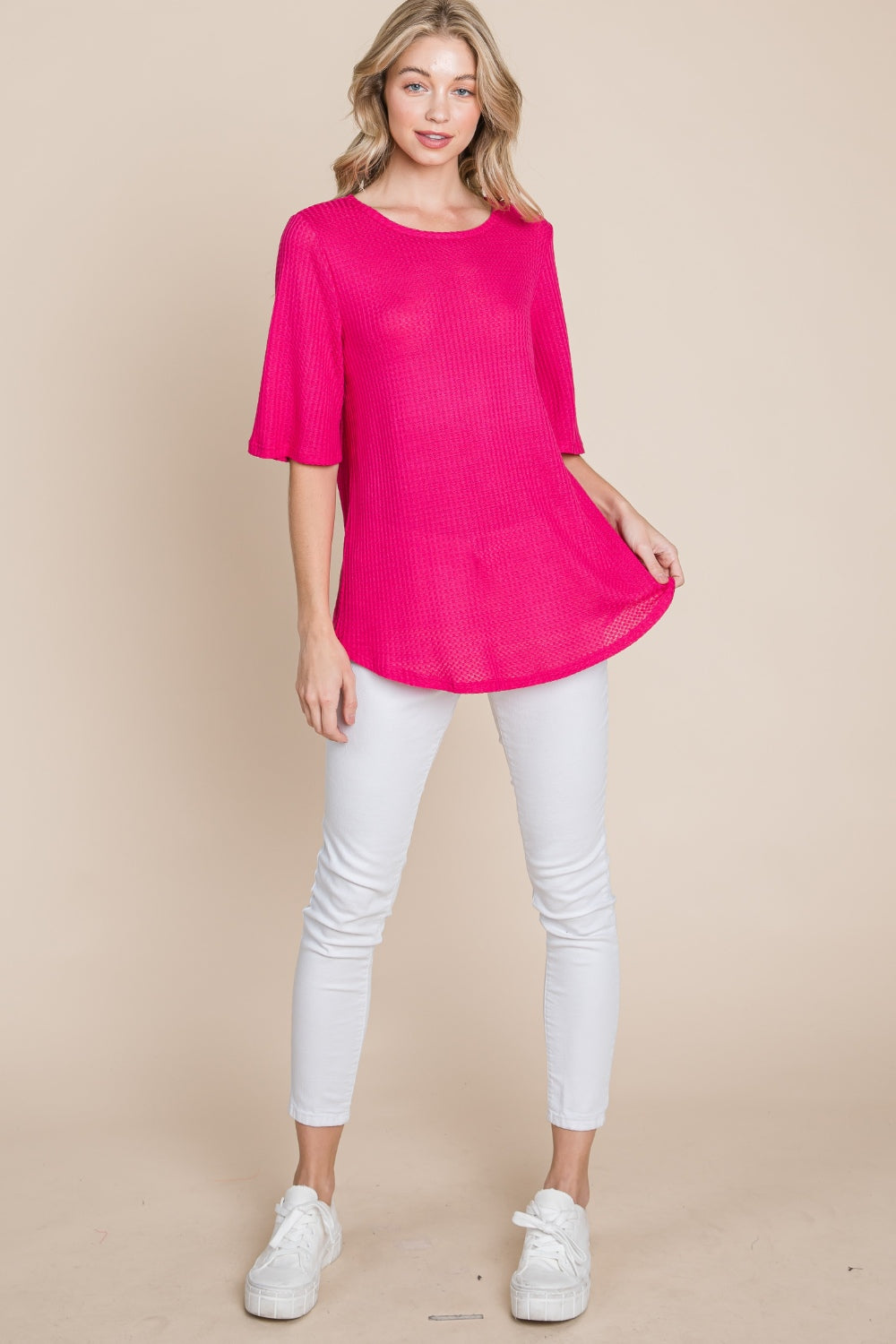 BOMBOM Round Neck Waffle Knit T-Shirt - Tigbul's Variety Fashion Shop