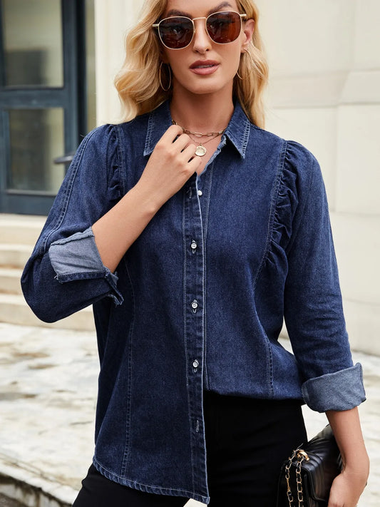 Button Down Collared Neck Denim Shirt - Tigbul's Variety Fashion Shop