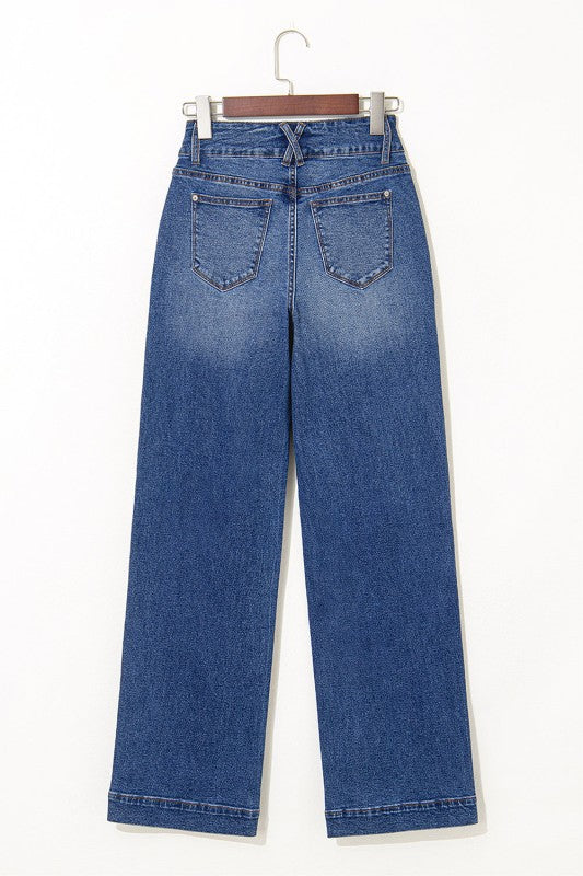 Denim Double Button Straight Leg Blue Jeans Women's - Tigbul's Variety Fashion Shop