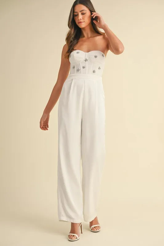 Off White Rhinestone Applique Bustier Jumpsuit - Tigbul's Variety Fashion Shop