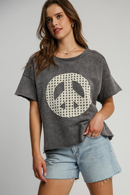 Umgee Full Size Mineral Wash T-Shirt with Lace Applique Plus Size - Tigbul's Variety Fashion Shop