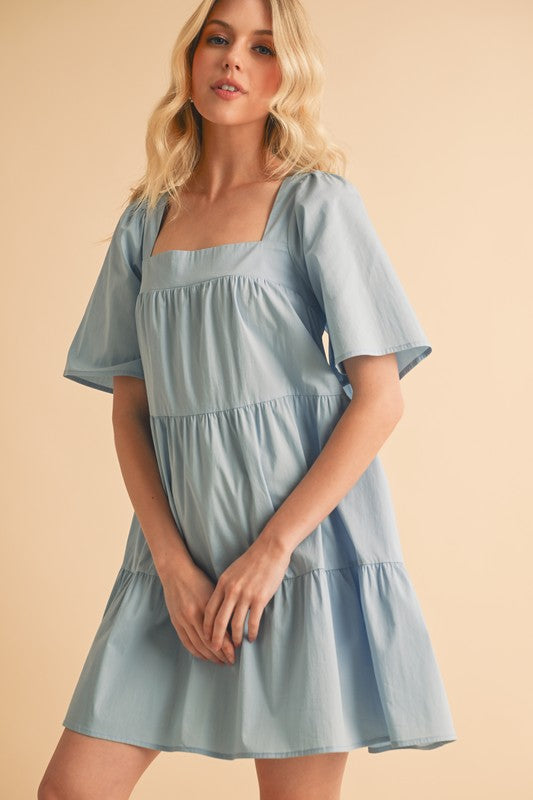 Light Blue Square Neck Half Sleeve Tiered Dress | Tigbuls