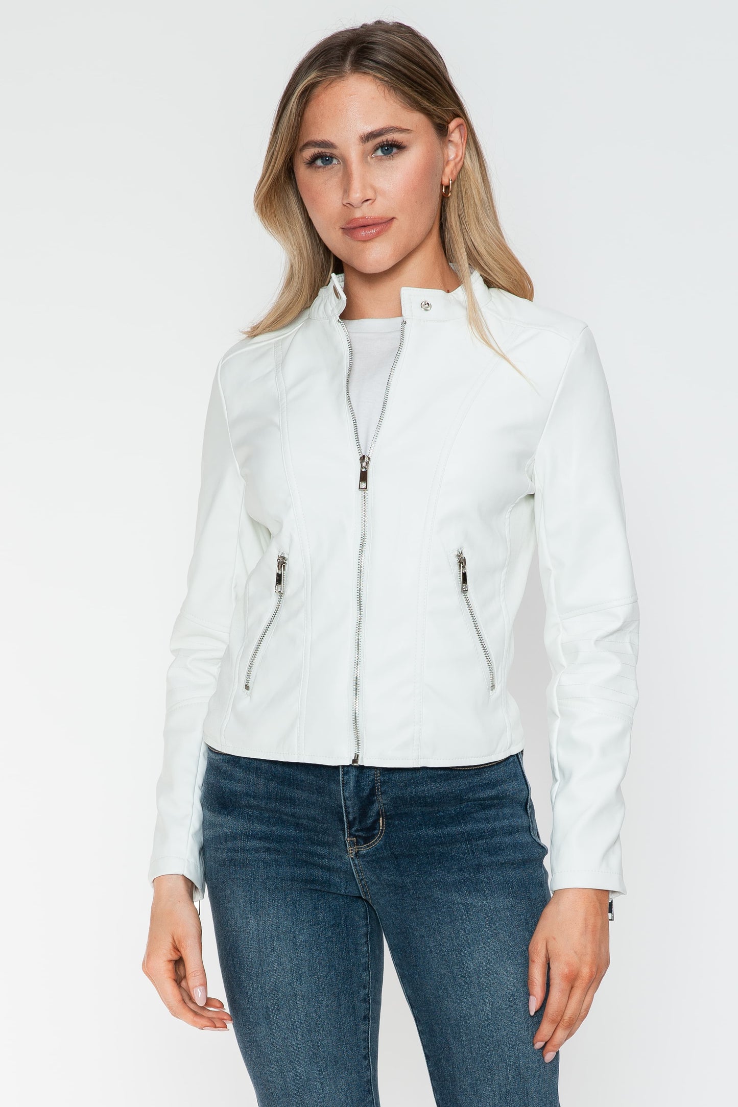 White PU Leather Zip Up Jacket with Pockets