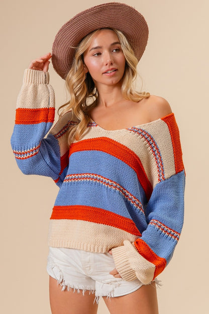 BiBi Multi Color Stripe Scoop Neck Sweater - Tigbul's Variety Fashion Shop