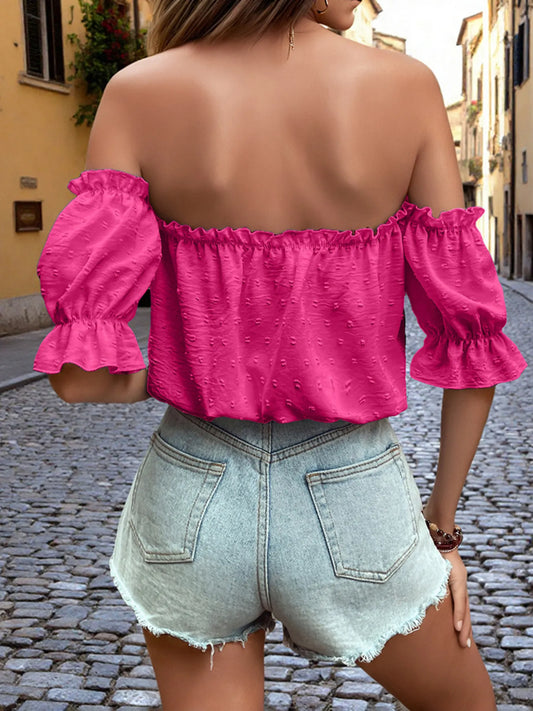Off-Shoulder Swiss Dot Blouse with Tie Front Detail - Tigbul's Variety Fashion Shop