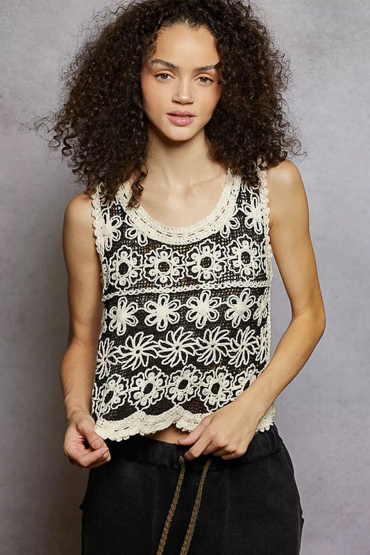 POL Floral Round Neck Cropped Crochet Sleeveless Top with Scalloped Edge - Tigbul's Variety Fashion Shop