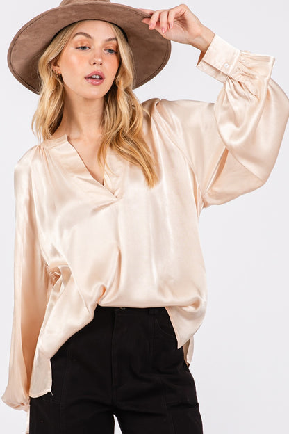 SAGE + FIG Notched Long Sleeve Blouse - Tigbul's Variety Fashion Shop