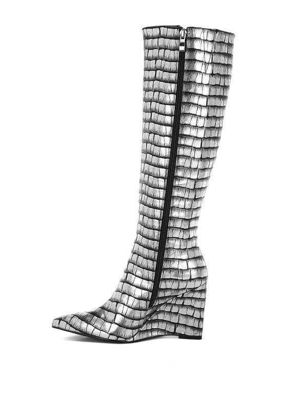 Bass Head Croco Metallic Wedge Heel  Long Boots - Tigbul's Variety Fashion Shop