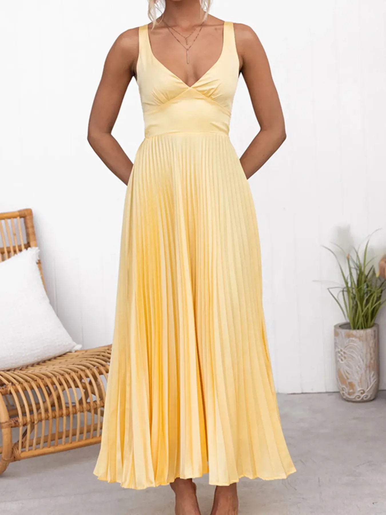 Pleated V-Neck Sleeveless Maxi Dress - Tigbul's Variety Fashion Shop