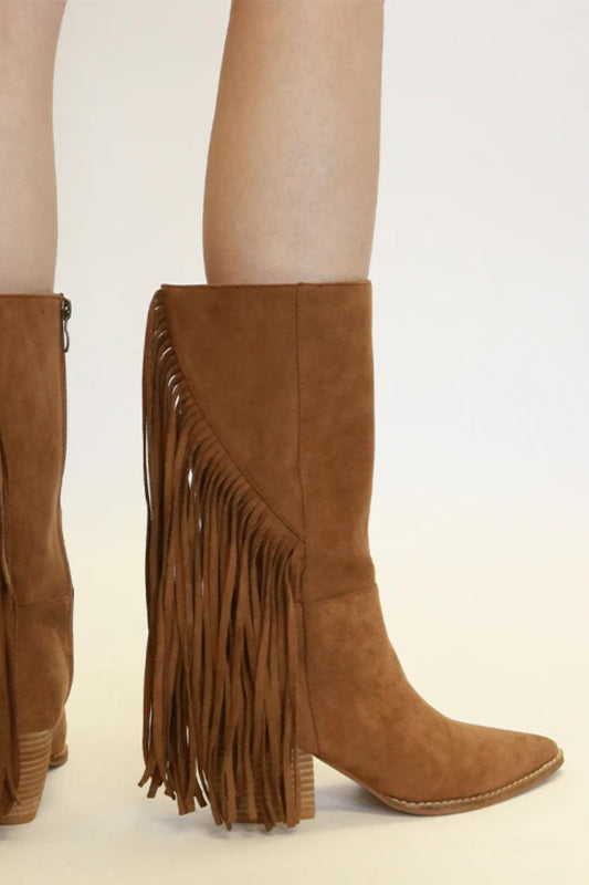 Brown Faux Suede Fringe Point Toe Boots | Tigbuls Variety