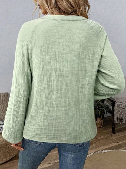 Paisley Pattern Notched Long Sleeve Blouse - Tigbul's Variety Fashion Shop
