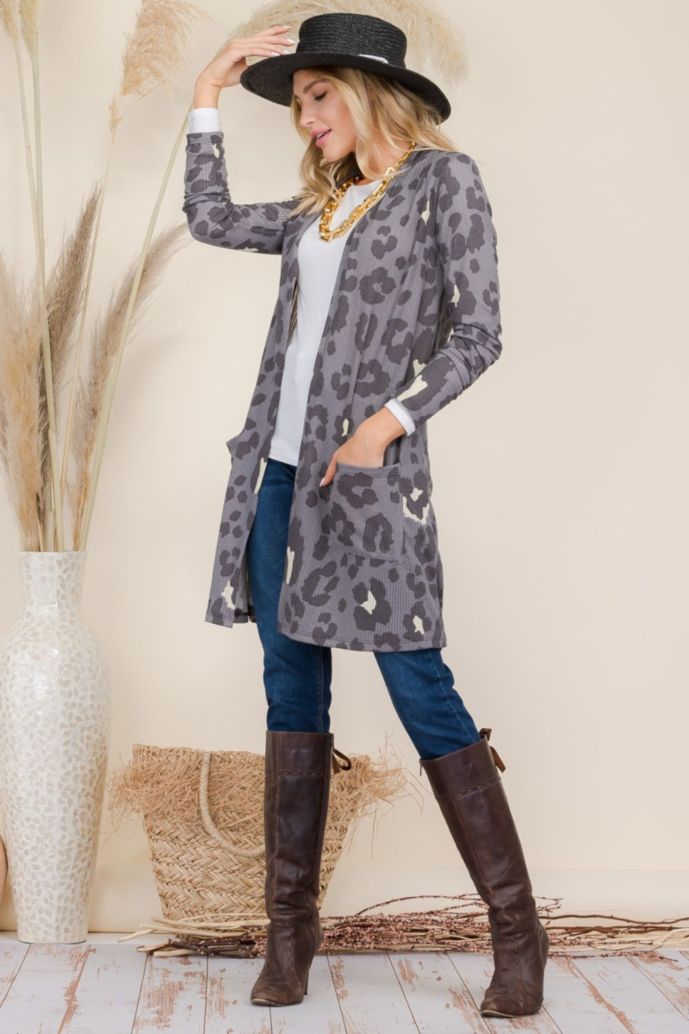 Celeste Full Size Leopard Open Front Contrast Cardigan - Tigbul's Variety Fashion Shop