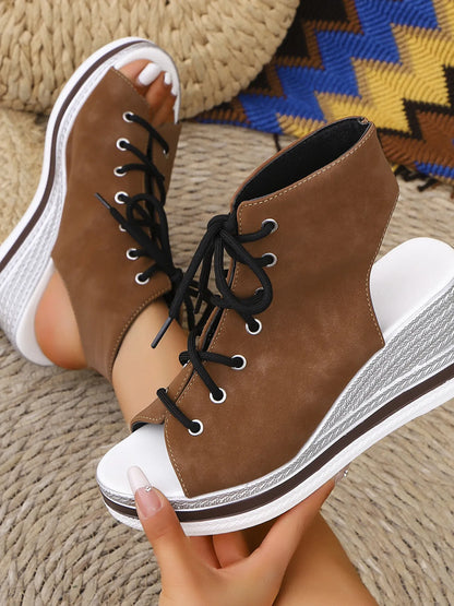Lace Up Open Toe Wedge Sandals - Tigbul's Variety Fashion Shop