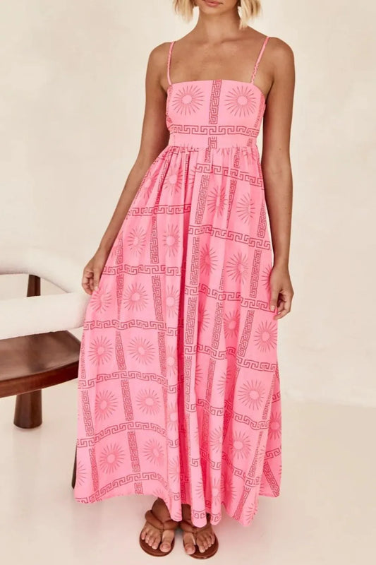Cutout Back Printed Square Neck Maxi Cami Dress - Tigbul's Variety Fashion Shop