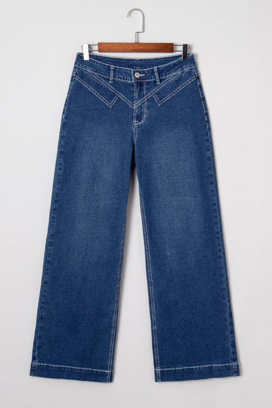 Daria Detail loose cuffed jeans, flat front view with V-stitch and belt loops