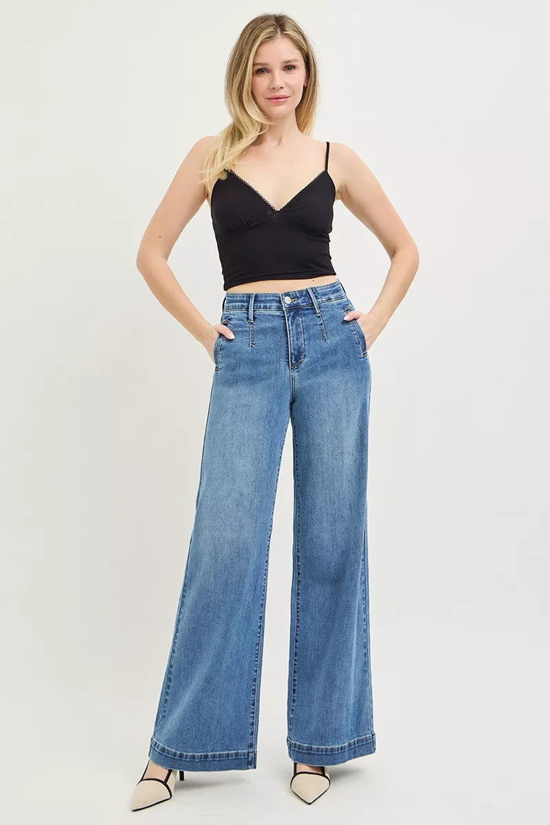 Medium wash high-rise wide-leg jeans, front fly with button closure