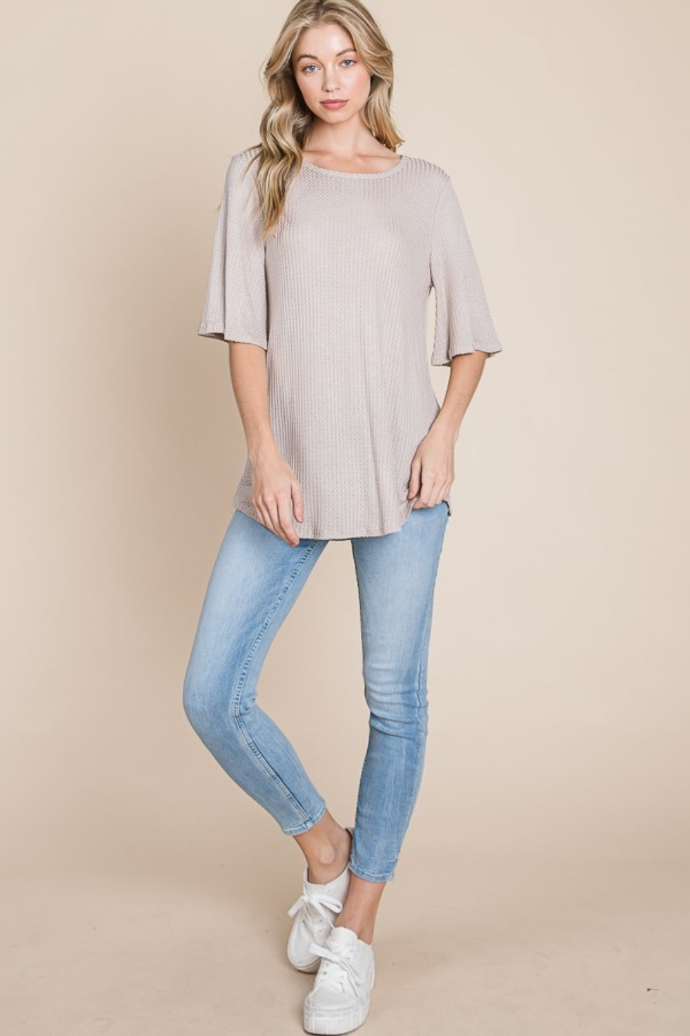 BOMBOM Round Neck Waffle Knit T-Shirt - Tigbul's Variety Fashion Shop