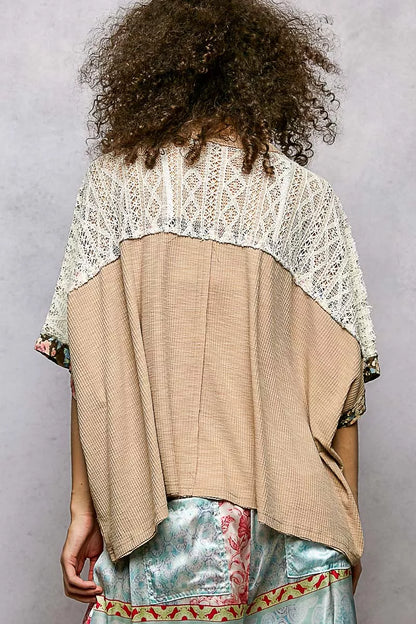 POL Floral Patchwork Lace Accent Blouse - Tigbul's Variety Fashion Shop