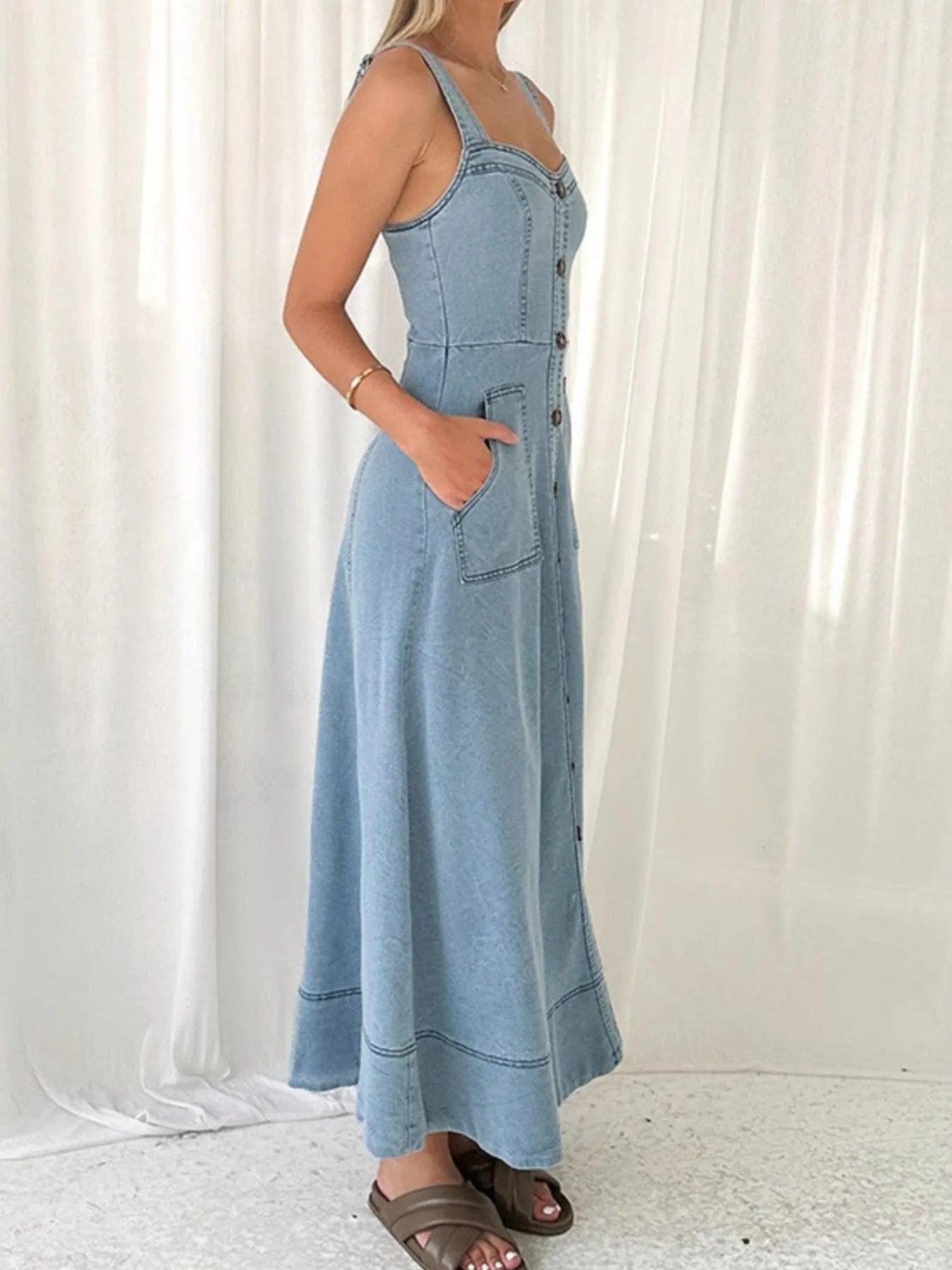 Wide Strap Sweetheart Neck Denim Dress - Tigbul's Variety Fashion Shop