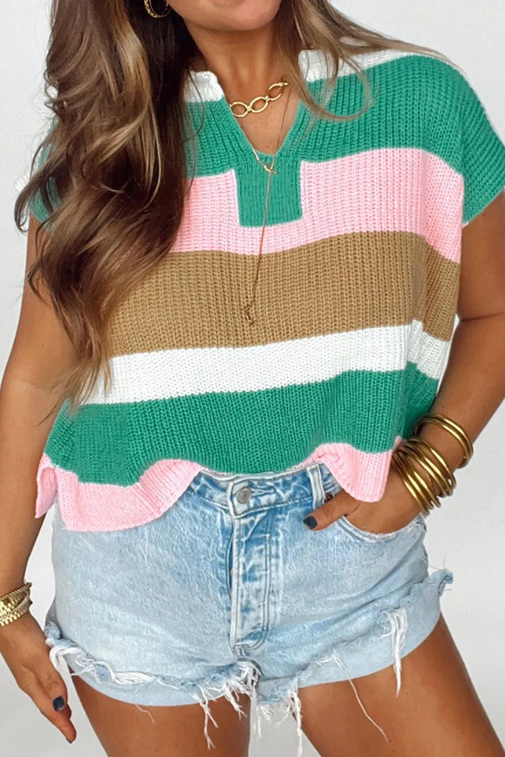 Color Block Notched Cap Sleeve Knit Top - Tigbul's Variety Fashion Shop