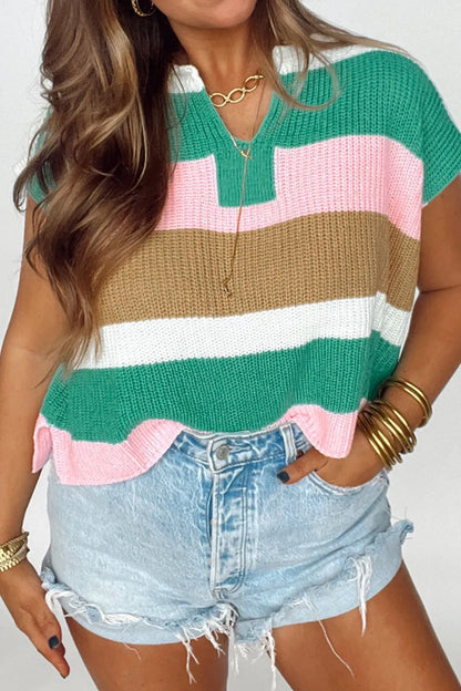 Color Block Notched Cap Sleeve Knit Top - Tigbul's Variety Fashion Shop
