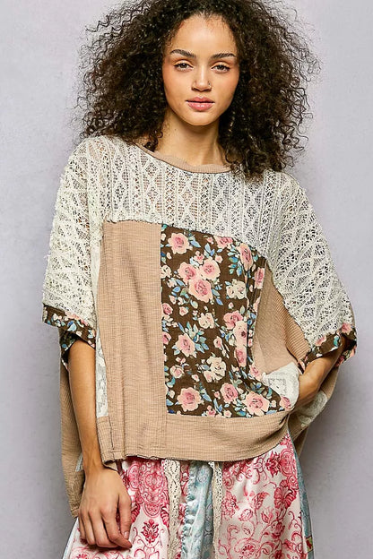 POL Floral Patchwork Lace Accent Blouse - Tigbul's Variety Fashion Shop