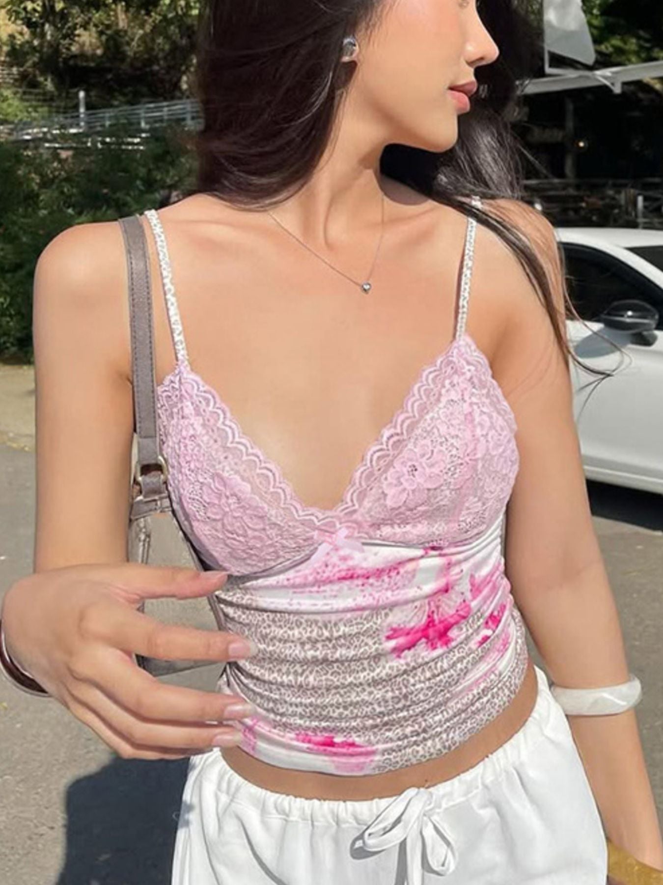 Dusty Pink lace leopard cami, V-neck with lace trim and pink floral ruched center